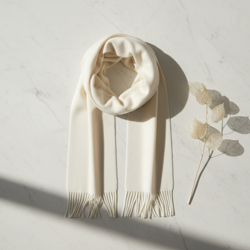Close-up of neutral-toned wool scarf fringe with soft woven texture