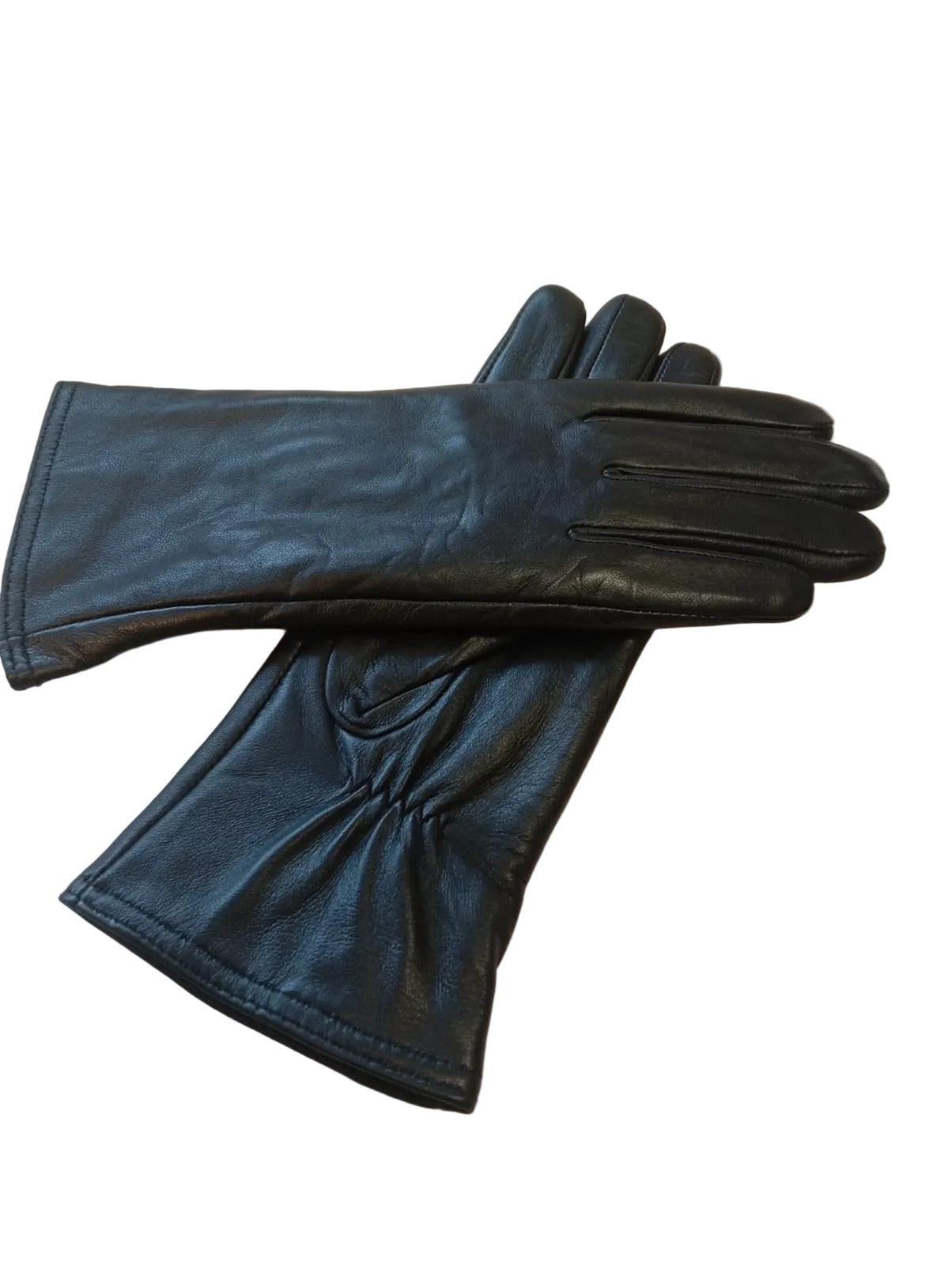 Angled view of black sheepskin leather gloves for women