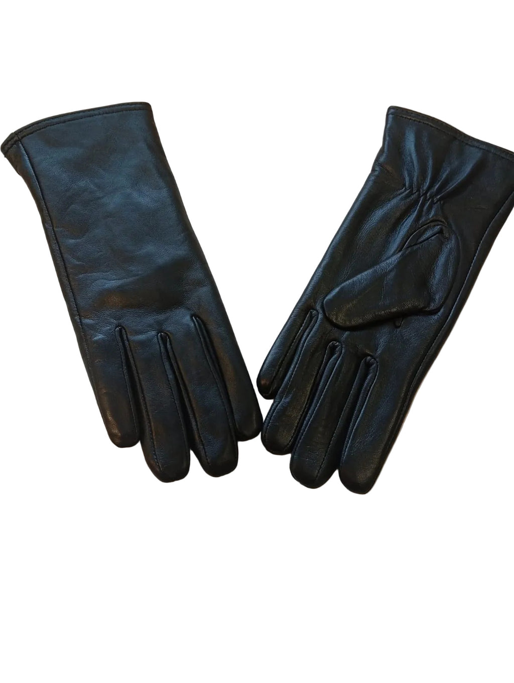 Front and back view of black sheepskin leather gloves for women