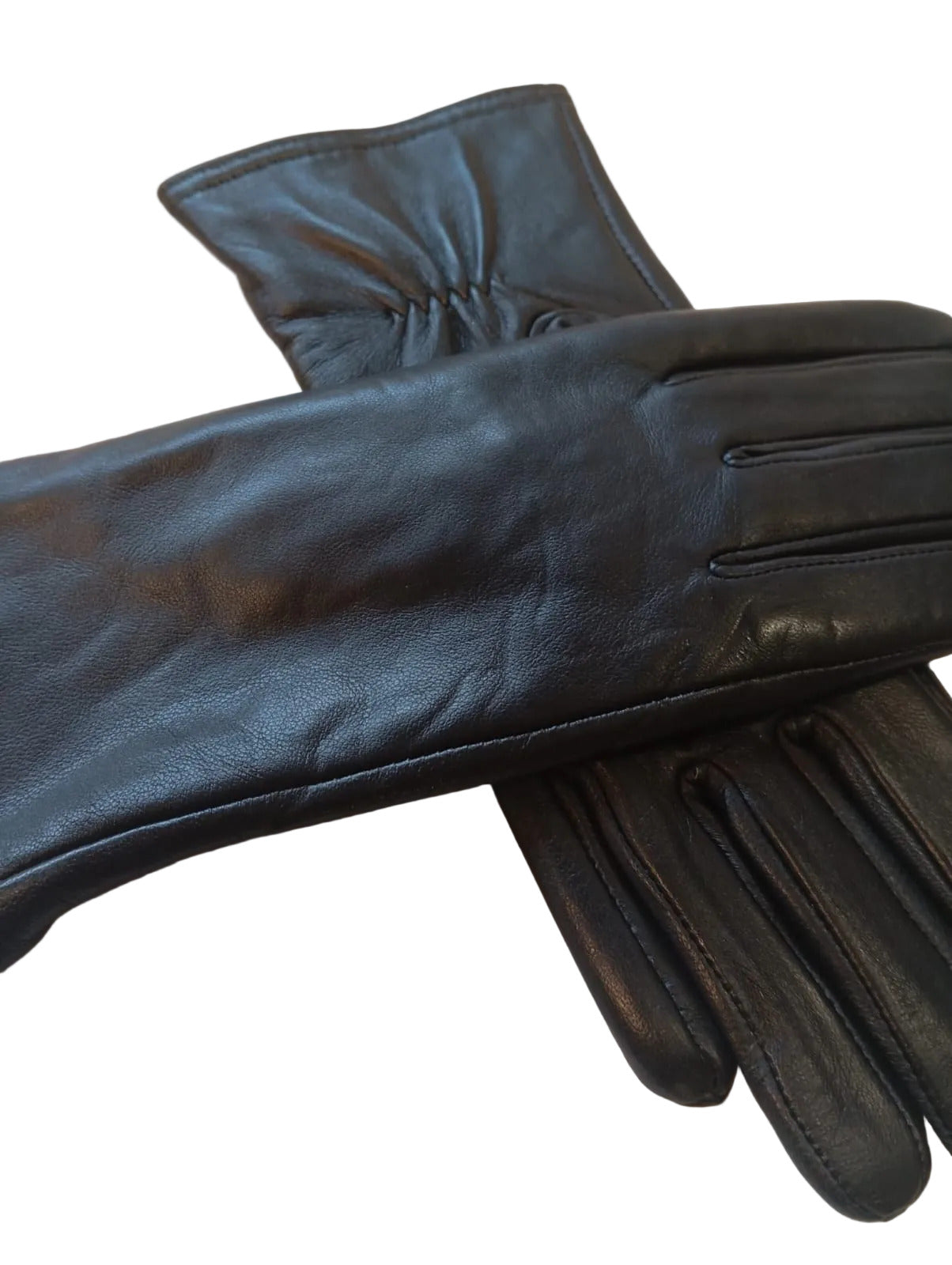 Back view of black sheepskin leather gloves for women