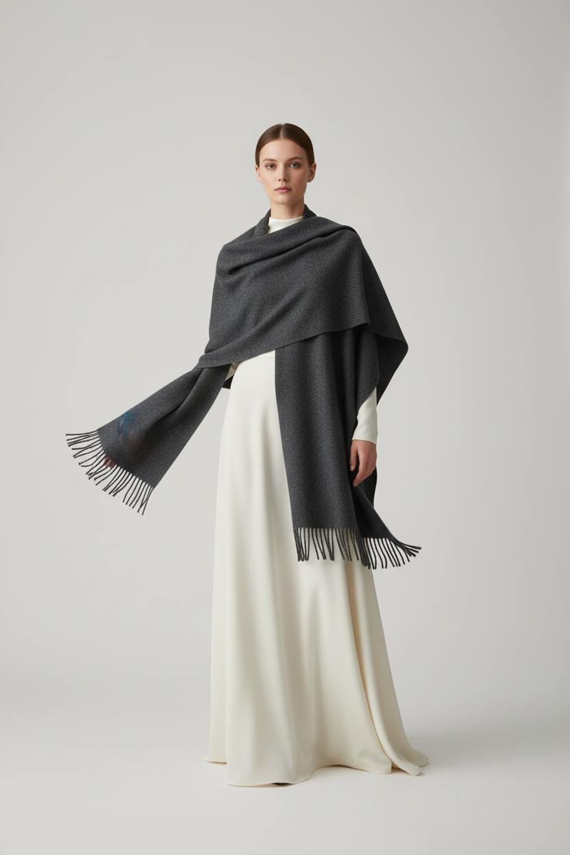 Editorial – Ivory Gown & Dark Grey Scarf Shawl