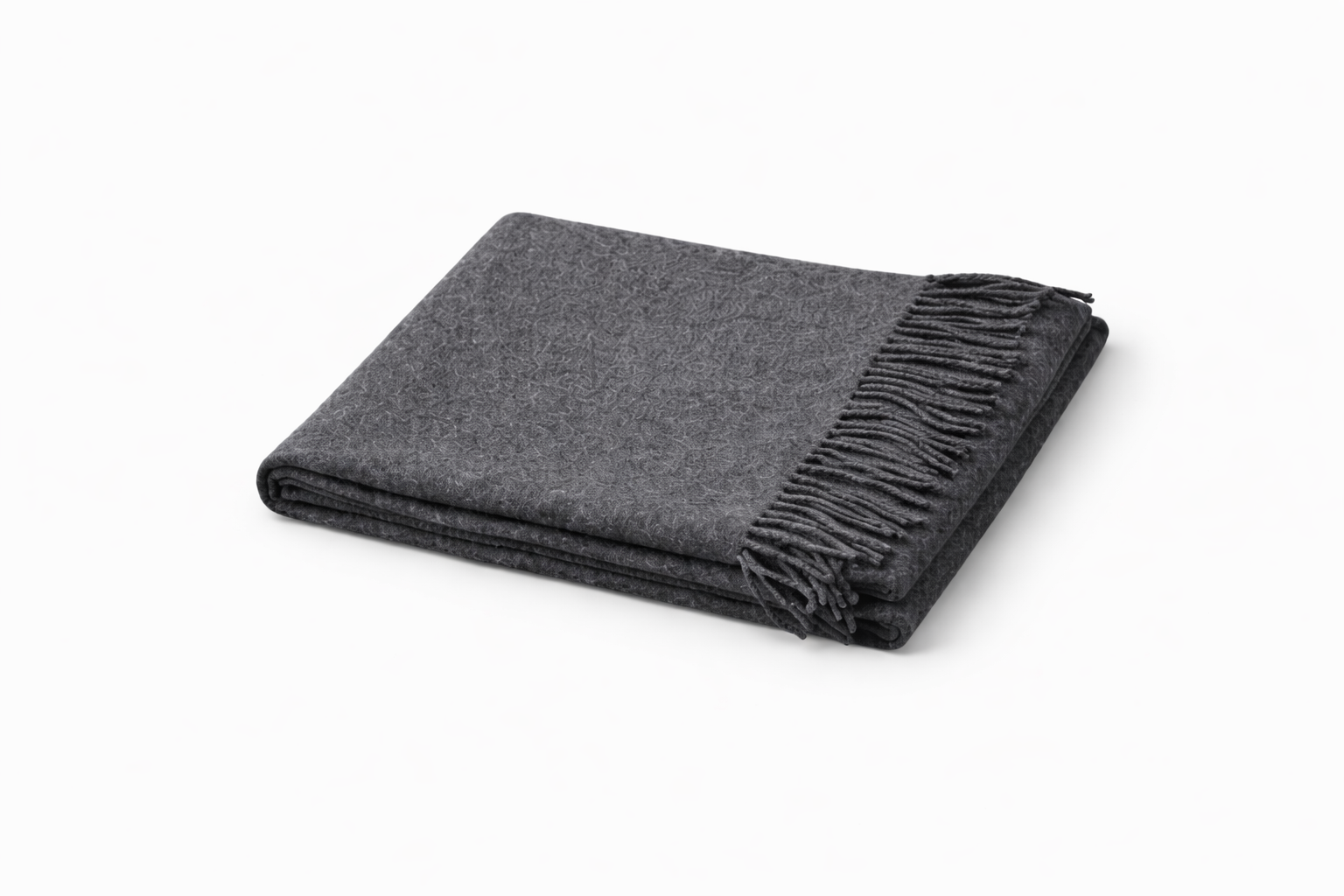 Folded thick wool scarf in dark grey on a white background