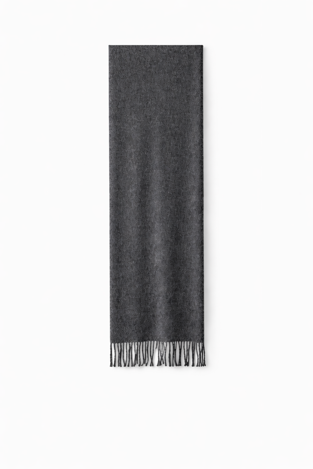 Thick wool scarf in dark grey laid flat on a white background