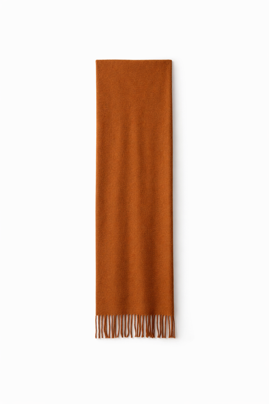 Thick wool scarf in rust brown laid flat on a white background