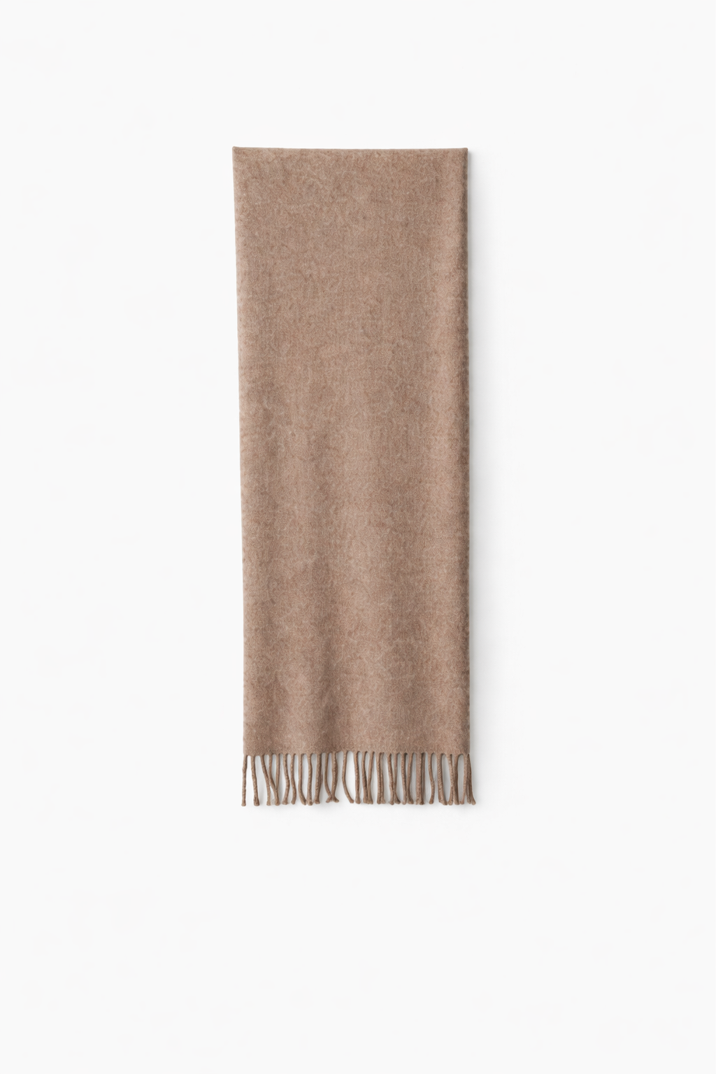 Thick wool scarf in taupe laid flat on a white background